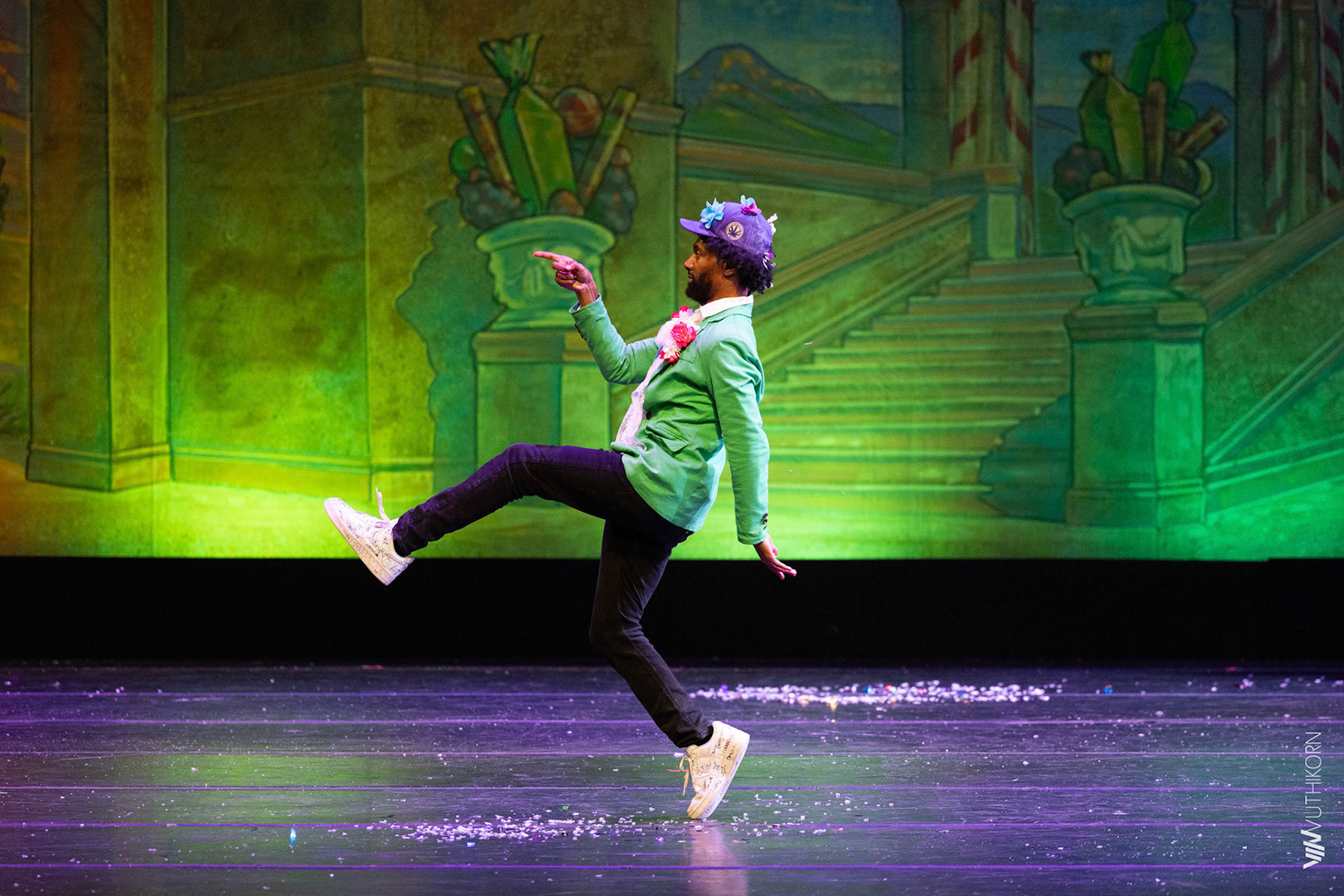 The Nutcracker soldier leads the toy army on stage